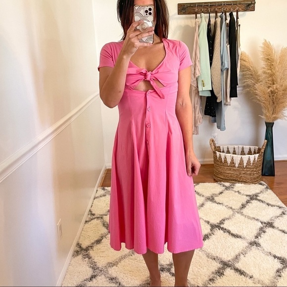 Staud Alice Pink Cotton Barbiecore Bow Midi Dress 0 - Picture 3 of 11